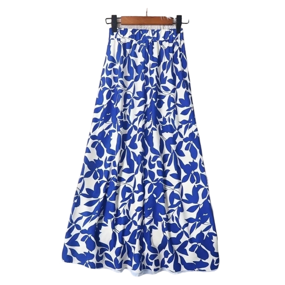 Floral Skirt 3/4 Length Midi Blue White Stretch Waist A-Line Fall Skirts
